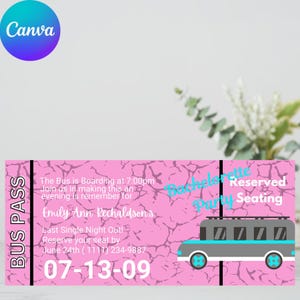 Op de afbeelding: Roze bachelorette party busticket met een grijze busillustratie. Het ticket bevat de tekst "BUS PASS", "Bachelorette Party Reserved Seating" en evenementdetails. De datum is 13-07-09.