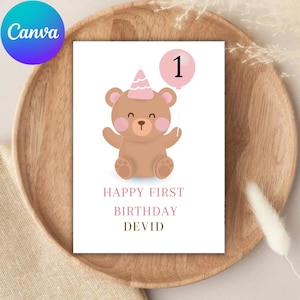 Carte de 1er anniversaire personnalisée carte de voeux de premier anniversaire modifiable Photo garçon fille joyeux anniversaire un an modèle numérique imprimable