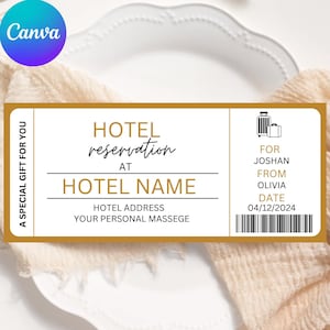以下が含まれることがあります： 「HOTEL reservation」と「HOTEL NAME」の文字が入った、金色の縁取りのホテル予約ギフト券。「A SPECIAL GIFT FOR YOU」と「FOR JOSHAN FROM OLIVIA DATE 04/12/2024」の文字も含まれています。