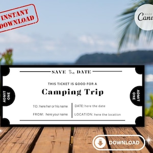 Camping Trip Gift Certificate, Printable Gift Certificate, Vacation Gift Certificate, Instant Download, Camping Trip Printable Certificate
