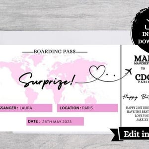 Surprise Trip Boarding Pass – Printable Travel Ticket to BARCELONA | Editable PDF Download
