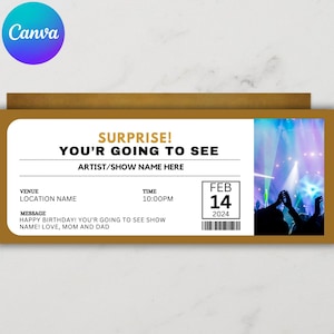 Modello modificabile per biglietti da concerto, regalo personalizzato per biglietti da concerto, biglietto per evento fai da te, idea regalo per biglietti da concerto stampabili a sorpresa, modello Canva