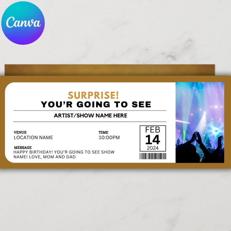 Ticket Text Message Sample Editable Concert Ticket Template: Surprise Event Gift (canva Template ...
