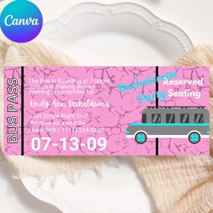 Op de afbeelding: Een roze bachelorette party buspas met een gebarsten patroon. De pas bevat de tekst "BUS PASS", "Bachelorette Party Reserved Seating" en evenementdetails. Een cartoonbus is afgebeeld aan de rechterkant.