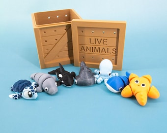 Pocket Pals Under the Sea – Mini Ocean Animal Set + “LIVE ANIMALS” Crate (Hammerhead, Octopus, Whale, Orca, Starfish, Sea Turtle, Manatee)