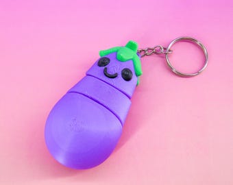 Eggplant Fidget Keychain Toy: 3D Printed Articulated Food, Flexible Vegetable Charm, Stress Relief