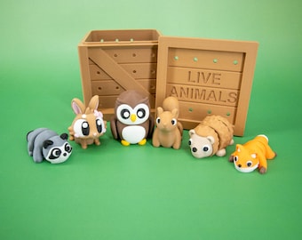 Articulated Animal Toy Set: 3D Printed Forest Mini Figures, Flexi Woodland Critters, Includes Storage Crate