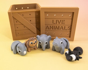 Pocket Pals Grassland Guides – Mini Savanna Animal Set + “LIVE ANIMALS” Crate (Elephant, Lion, Rhino, Hippo, Ant) – 3D Printed Desk Pets