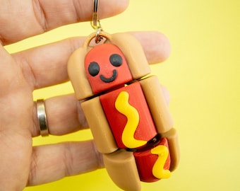 Hotdog Fidget Toy Keychain: Articulated Flexi 3D Printed Snack Food for Stress Relief