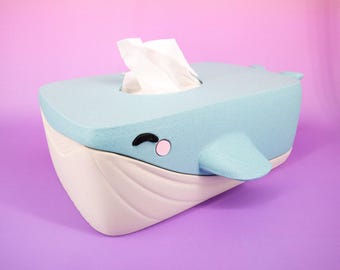 Whale Tissue Box Cover 3D Printed – Cute Bubbles the Whale Decor, With Built-in Phone Stand, Fun Nautical Home or Office Gift