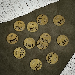 Peut inclure: Plusieurs petites étiquettes rondes de couleur laiton avec des chiffres noirs et le numéro "035" imprimé dessus. Les étiquettes sont éparpillées sur un tissu vert foncé, avec du papier manuscrit en arrière-plan.