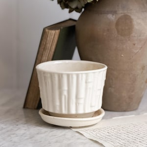 May include: A cream-coloured ceramic planter with a vertical ribbed texture and a matching circular saucer base. The planter features a cylindrical shape with a slightly wider top rim and a smooth, matte finish, designed for holding small plants.