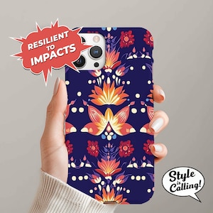 May include: A phone case with a colorful floral pattern on a dark blue background. The case is designed to be resilient to impacts. The text "Style is Calling!" is on a white speech bubble.