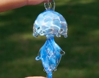 Blue Glass Jellyfish Pendant: Handmade Ocean Necklace, Glass Art Jewelry Gift for Beach Lover