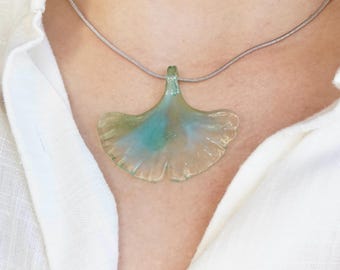 Glass Ginkgo Leaf Pendant: Fall Inspired Jewelry, Handmade Shimmer Necklace, Unique Artisan Nature Gift