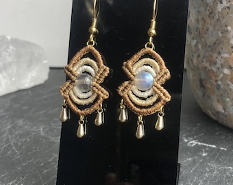 Wavy Gradient Micro-Macramé Earrings with Tassel Drop | High-Shine Labradorite | Handmade | Customizable Gift