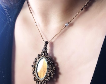 Vintage Lotus Labradorite Golden orange Necklace – Handwoven Micro Macramé Diamond Pendant, Adjustable brown Cord, Handmade Gift for Her