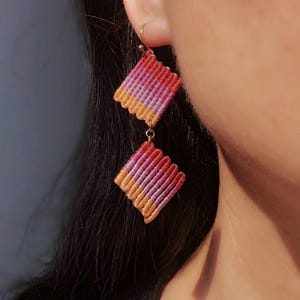 Handmade Diamond-Shaped Earrings with Gold Beads, Colorful Boho Micro Macrame, Customizable Original Design