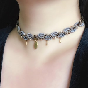 Wave Macrame Choker Necklace with Pearlescent Beads & Silver Hematite | Adjustable Multi-Wear Boho Ocean Jewelry | Custom Colors