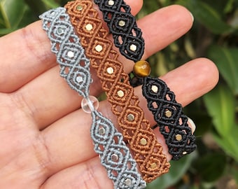 Bracciale multifilo in micro-macramè di diamanti con pietre naturali | Gioiello unisex regolabile | Elegante regalo fatto a mano personalizzabile