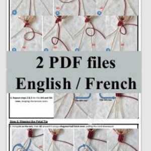 May include: A step-by-step guide to making a friendship bracelet with red and white string. The instructions are shown in a series of images. The bracelet is made with a knotting technique. The instructions are in English and French.