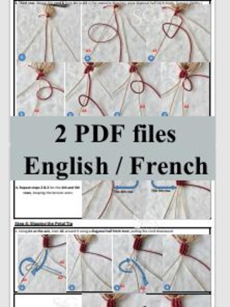 May include: A step-by-step guide to making a friendship bracelet with red and white string. The instructions are shown in a series of images. The bracelet is made with a knotting technique. The instructions are in English and French.