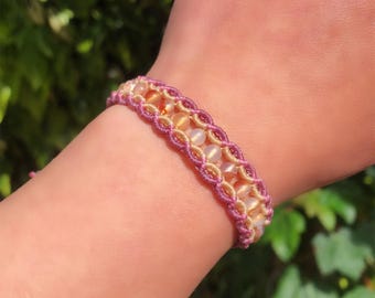 Adjustable Macrame Bracelet - Diamond Pattern, Natural Stone Beads, Waterproof Waxed Cord - Unisex Boho Jewelry