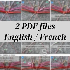May include: Image of a gray background with diagrams and text. The text reads "2 PDF files English / French". The diagrams show a series of steps with red and pink threads, possibly for a craft project.