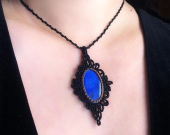 Collana vintage in micro-macramè con labradorite blu | ciondolo con diamante a forma di loto, cordino regolabile, regalo di gioielli fatti a mano per donna