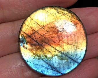 Pietra preziosa naturale di labradorite per collezionisti | Disco ad alta brillantezza, riflessi blu e oro, pezzo lucido a doppia faccia, 34 mm, 12,15 g