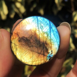 May include: A round, polished labradorite stone with a vibrant display of colors. The stone features a mix of blue, gold, and brown hues, with a shimmering, iridescent effect. The gemstone is held between fingers, showcasing its natural beauty.