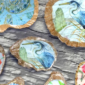Decoupage Oyster & Scallop shells with gold trim. Keys, Jewelry or trinket dish, holidays, hostess, weddings, showers, bachelorette gifts.