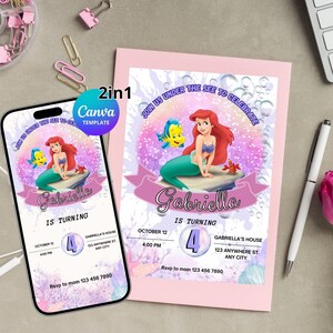 Sous l'invitation de mer | Modèle modifiable d'invitation pour enfants à imprimer, anniversaire de la princesse Ariel, fête sirène | Téléchargement instantané