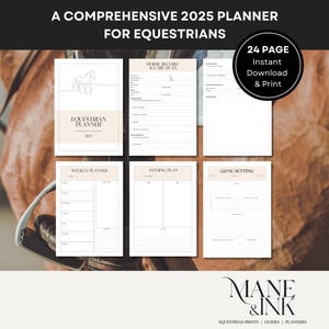 Paardensportplanner 2025, afdrukbaar en invulbaar dagboek paardenbeheer, trainingslogboek, paardendagboek en tracker voor voerbeheer, paardenrecord