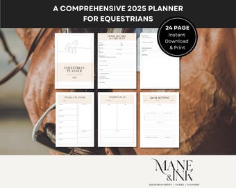 May include: A 24-page printable equestrian planner with a brown horse image on the cover. The planner includes sections for horse records, weekly planning, feeding plans, and goal setting.