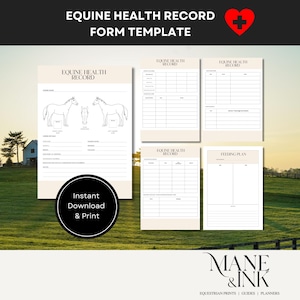 Puede incluir: Formularios imprimibles de registro de salud equina con una ilustración de caballo, titulados "Plantilla de formulario de registro de salud equina". Los formularios incluyen secciones para el plan de alimentación, la salud general y los registros de vacunación. La imagen también incluye el texto "Descarga instantánea e impresión" y el logo "Mane & Ink Equestrian Prints | Guides | Planners".