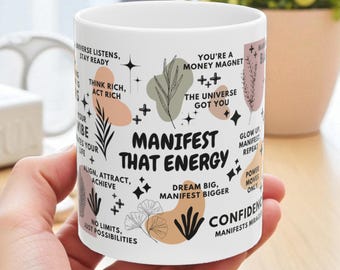 Manifestieren Sie diese Energie Tasse, Gesetz der Anziehung Geschenk, Manifestation Kaffeetasse, spirituelle Selbsthilfe Tasse, positive Energie Vibes