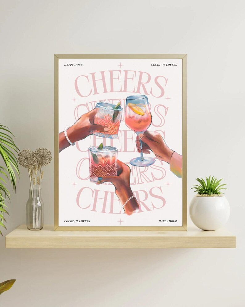 Cheers Poster Rosa, Digital Poster Illustration, Bar Wall Art ...