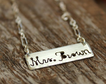 Mrs. Necklace - Hand Sawed Bar Name Necklace - Wedding Gift and Bridesmaid Gift Personalized Jewelry