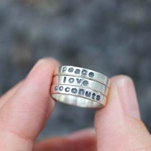 Three Favorite Words Rings peace, love, coconuts stacking set image 1