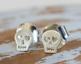 Skull Stud Earrings - Heart Eyes - Hand Sawed Artisan Skull Earrings