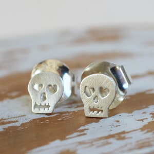 Skull Stud Earrings Heart Eyes Hand Sawed Artisan Skull Earrings image 1