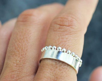 Orbit Ring – Sterling Silver Dotted Band Ring, Wide Midi Ring, Celestial Jewelry, Handmade Stacking Ring, Boho Crown Ring