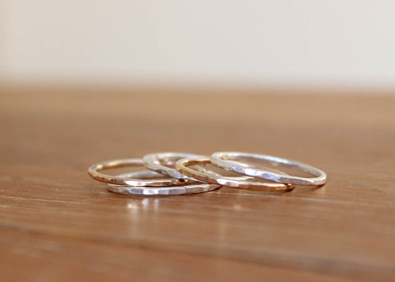 Five Hammered Gold and Silver Stacking Rings image 3