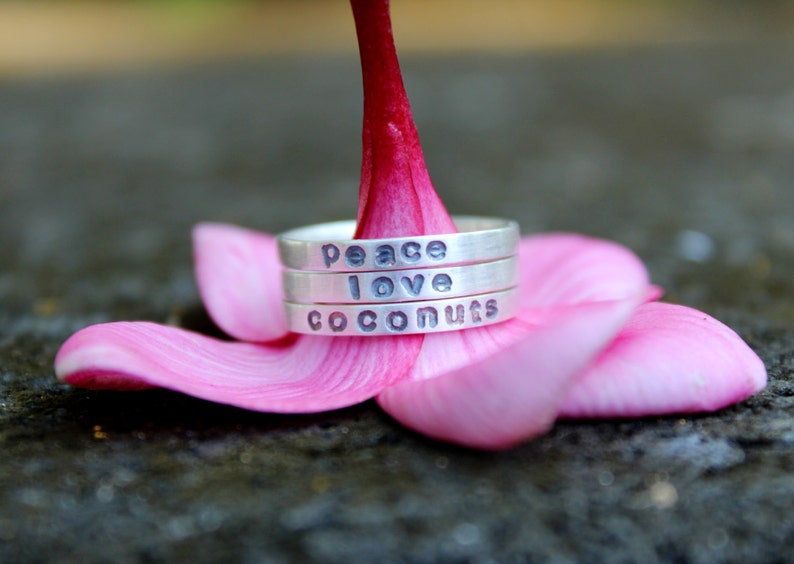 Three Favorite Words Rings peace, love, coconuts stacking set image 4