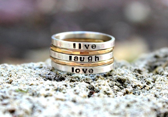 Stamped Stackable rings Personalized hand stamped silver and gold stacking name rings