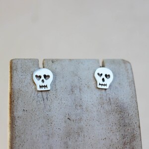 Skull Stud Earrings Heart Eyes Hand Sawed Artisan Skull Earrings image 2