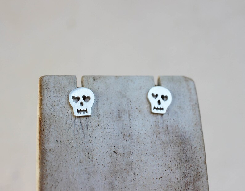 Skull Stud Earrings Heart Eyes Hand Sawed Artisan Skull Earrings image 2