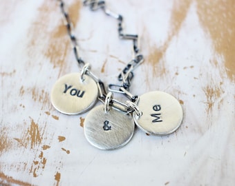 You and Me Necklace - Sterling Silver Hand Stamped Charm Necklace - Valentine's gift for her