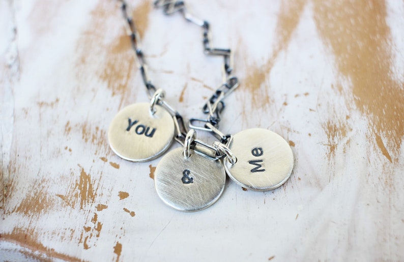 You and Me Necklace Sterling Silver Hand Stamped Charm Necklace Valentine's gift for her image 1